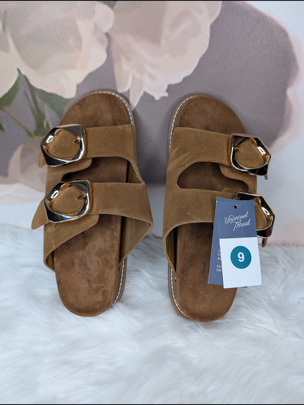 Universal Thread Tan Suede Double Buckle Slide Sandals